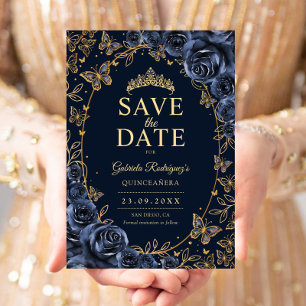 Navy Blauwe Gouden Quinceanera Bloemen Save The Date