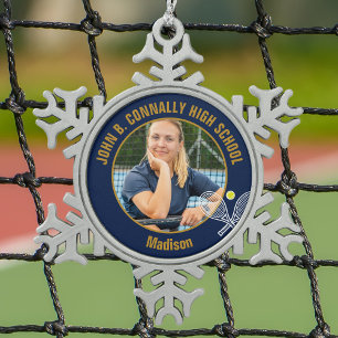 Navy Blauwe Gouden Tennisspeler Foto Hogere School Tin Sneeuwvlok Ornament