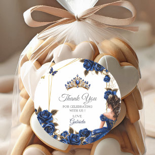Navy Blauwe Gouden Tiara Rozen Quinceañera Ronde Sticker