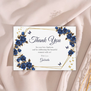 Navy Blauwe Gouden Tiara Rozen Vlinder Quinceañera Bedankkaart