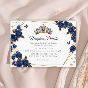 Navy Blauwe Gouden Tiara Rozen Vlinder Quinceañera Informatiekaartje