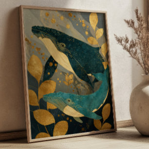 Navy Blauwe & Gouden Walvis Illustratie Kintsugi O Poster