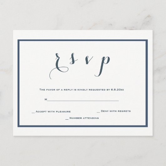 Navy blauwe grens bruiloft RSVP briefkaarten (Voorkant)