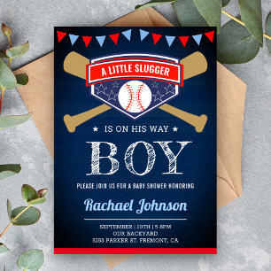 Navy Blauwe Houten Sport Jongen Honkbal Baby Showe Kaart
