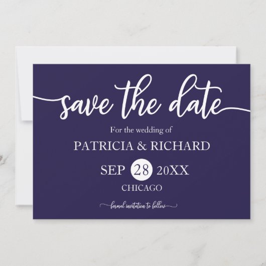 Navy Blauwe Kalligrafie Bruiloft Save The Date Kaart (Voorkant)