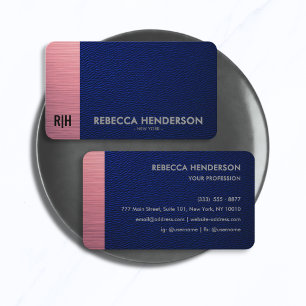 Navy Blauwe Leer & Metallic Roze Paneel Monogram Visitekaartje