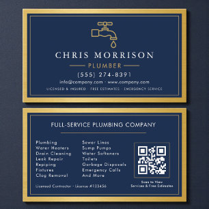 Navy Blauwe Loodgieter Contractor QR Code Goud Met Visitekaartje