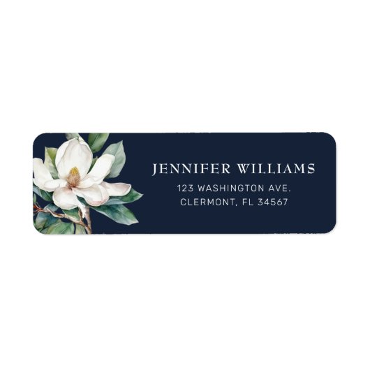Navy Blauwe Magnolia Bloem Retouradres Labels (Voorkant)