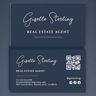 Navy Blauwe Minimalistische Makelaar QR Code Visitekaartje