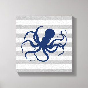 Navy Blauwe Octopus Grijze en Witte Strepen Canvas Afdruk