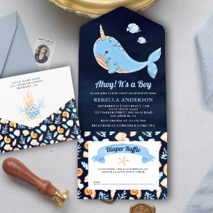 Navy-blauwe onderwater narwal baby shower all in one uitnodiging