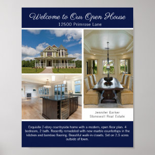 Navy Blauwe Open Huis Welkom Vastgoed Foto Poster