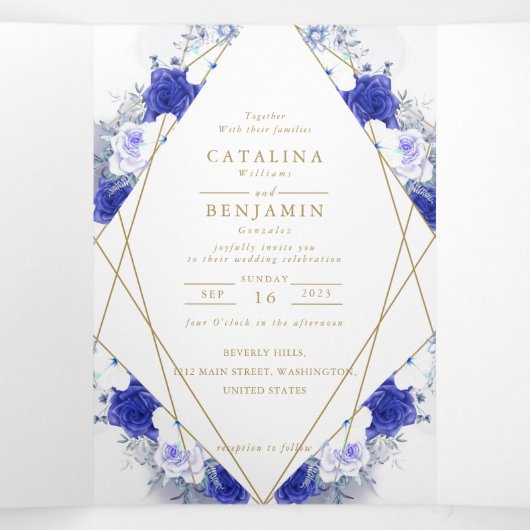 Navy Blauwe Paarse Geometrische Trouw Drieluik Aankondiging (Binnenkant midden)