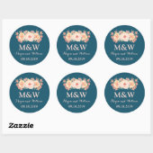 Navy Blauwe Perzik Bloemen Monogram Bruiloft Ronde Sticker (Vel)