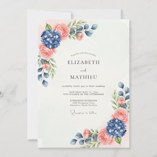 Navy Blauwe Perzik Sublime Botanische Bruiloft Kaart (Voorkant)