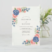 Navy Blauwe Perzik Sublime Botanische Bruiloft Kaart (Staand voorkant)