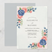 Navy Blauwe Perzik Sublime Botanische Bruiloft Kaart (Voorkant / Achterkant)