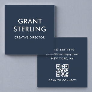 Navy Blauwe QR Code Eenvoudige Minimaal Typografie Vierkante Visitekaartje
