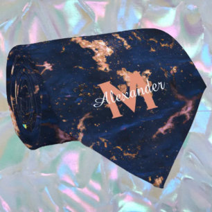 Navy Blauwe Rose Gouden Folie Marmer Monogram Stropdas