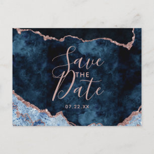 Navy Blauwe Roze Gouden Agaat Marmer Save the Date Aankondigingskaart
