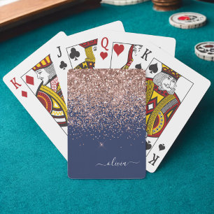 Navy Blauwe Roze Gouden Blush Roze Glitter Monogra Pokerkaarten