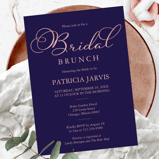 Navy Blauwe Roze Gouden Folie Script Bruids Brunch Kaart