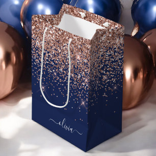 Navy Blauwe Roze Gouden Glans Roze Glitter Monogra Medium Cadeauzakje