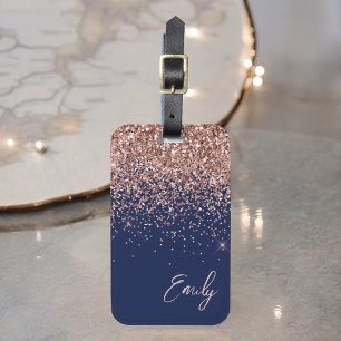 Navy Blauwe Roze Gouden Glitter Monogram Bagagelabel