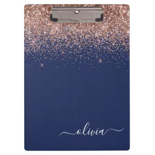 Navy Blauwe Roze Gouden Glitter Monogram Klembord