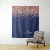 Navy Blauwe Roze Gouden Glitter Monogram Wandkleed (In situ)