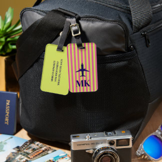 Navy Blauwe Roze Lime Vliegtuig Gestreept Monogram Bagagelabel