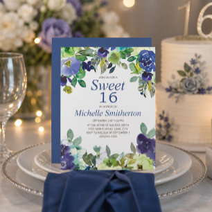 Navy Blauwe Salie Groene Bloemige Sweet 16 Verjaar Kaart