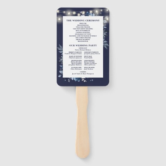 Navy Blauwe Slingerlichten Bloemen Huwelijksprogra Handwaaier (Achterkant)