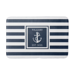 Navy Blauwe Streep Familienaam Nautilsche Anker Badmat