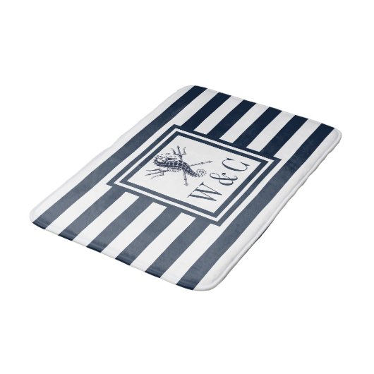 Navy Blauwe Streep Monogram Nautilus Zeepaard Bad Badmat (Gekanteld)