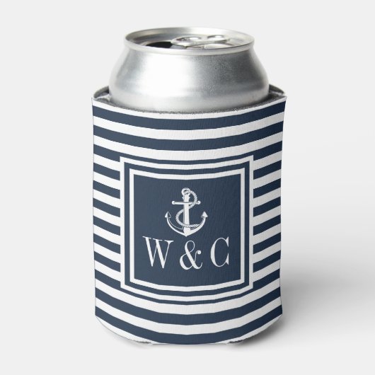 Navy-blauwe streep scheepsanker monogram blikjeskoeler (Blikje Voorkant)