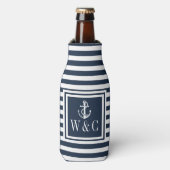 Navy-blauwe streep scheepsanker monogram flesjeskoeler (Fles Voorkant)