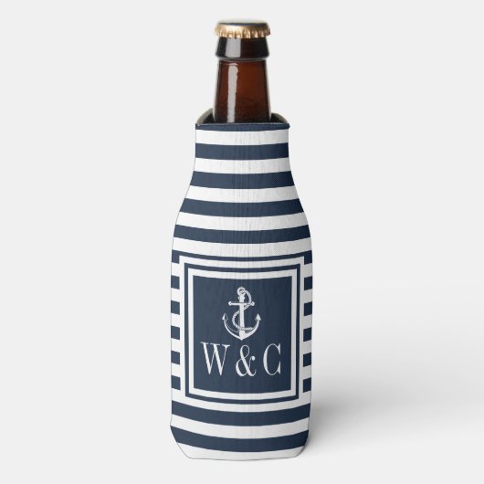 Navy-blauwe streep scheepsanker monogram flesjeskoeler (Fles Voorkant)