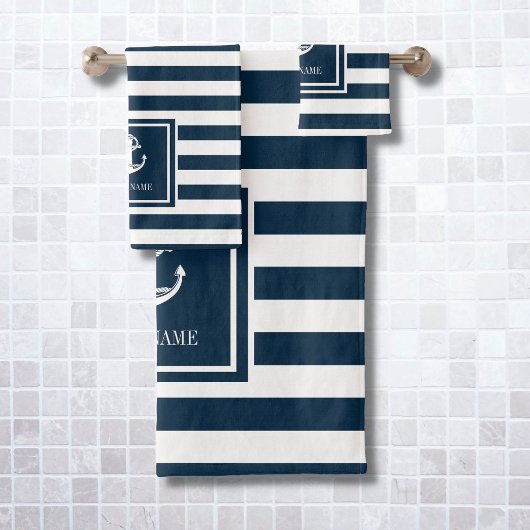 Navy Blauwe Streep Zeeanker Bootsnaam Bad Handdoek