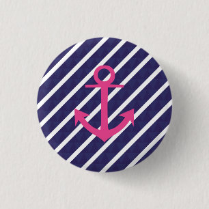 Navy blauwe strepen en hete roze anker ontwerp ronde button 3,2 cm
