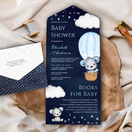 Navy Blauwe Teddyshirt Beer Heet Lucht Ballon Baby All In One Uitnodiging