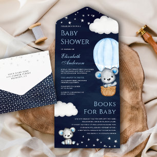 Navy Blauwe Teddyshirt Beer Warmteballon Baby Show All In One Uitnodiging