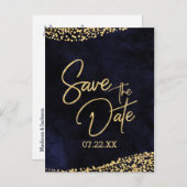 Navy Blauwe Waterverf & Gouden Bruiloft Save the D Aankondigingskaart (Voorkant / Achterkant)