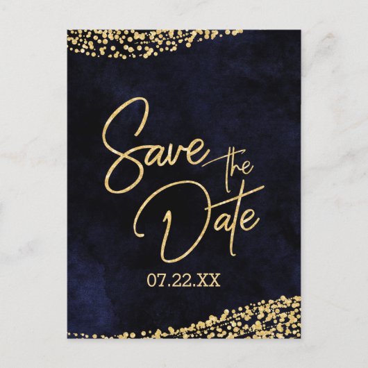 Navy Blauwe Waterverf & Gouden Bruiloft Save the D Aankondigingskaart (Voorkant)