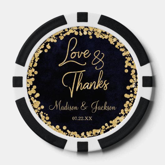 Navy Blauwe Waterverf & Gouden Glam Bruiloft Dank  Poker Chips (Voorkant)