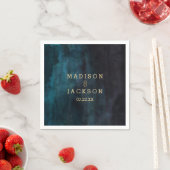 Navy Blauwe Waterverf & Gouden Monogram Bruiloft Servetten (Insitu)