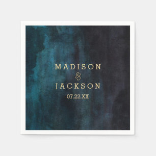 Navy Blauwe Waterverf & Gouden Monogram Bruiloft Servetten