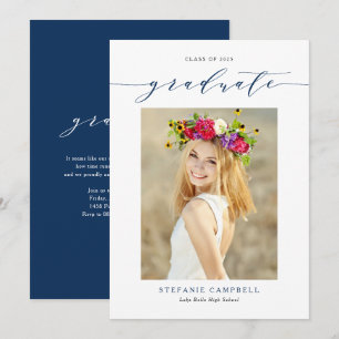 Navy Blauwe Whimsical Script Foto Afstudeercadeau Aankondiging