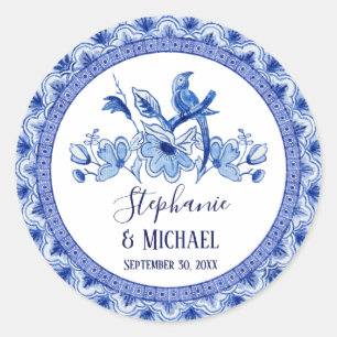 Navy Blauwe Witte Aziatische Chinoiserie Bruilofts Ronde Sticker