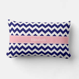 Navy Blauwe Witte Chevron Zig Zag Roze Naam Initia Kussen